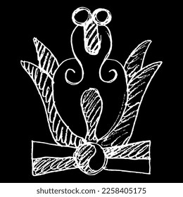 Stilvolle Blume. Indisches amerikanisches Design von Aztec Indians aus dem mexikanischen Codex. Handgezeichnete lineare Doodle grobe Skizze.
Weiße Silhouette auf schwarzem Hintergrund.