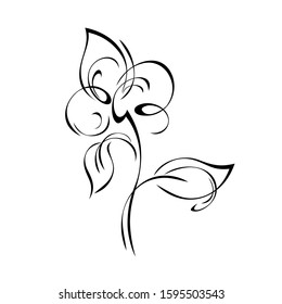 stylized flower on a short stem with leaves in black lines on a white background