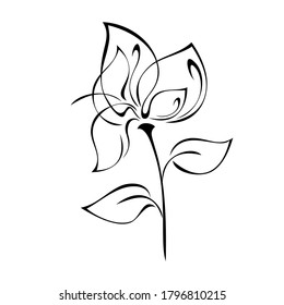 stylized flower on a short stem with leaves in black lines on a white background