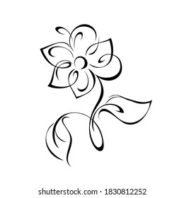 stylized flower on a short stem with leaves in black lines on a white background