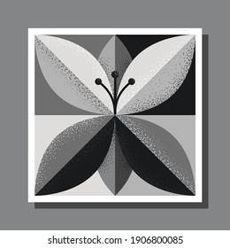 Stylized flower on square check background with stippled shading. Shades of black, white and grey. EPS10 vector format.
