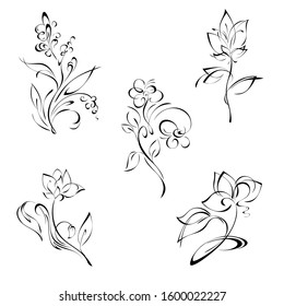 stylized flower on a stalk with leaves in black lines on a white background. SET