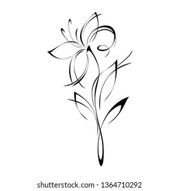 stylized flower on stem with leaf in black lines on white background