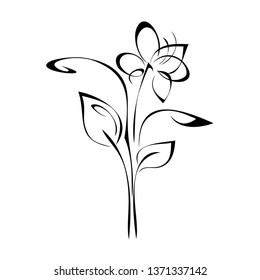 stylized flower on stem with leaf in black lines on white background