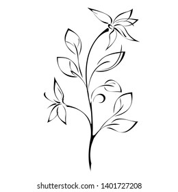 stylized flower on stem with leaf in black lines on white background