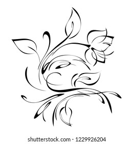 stylized flower on stem with leaves in smooth black lines on white background