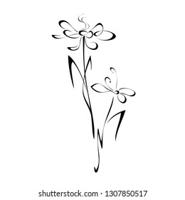 stylized flower on stem with leaves in black lines on white background