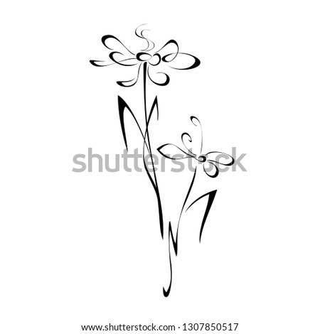 stylized flower on stem with leaves in black lines on white background