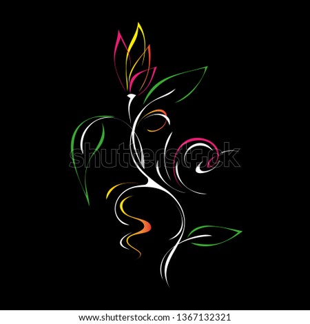 stylized flower on the stem with leaves and curls in color lines on a black background