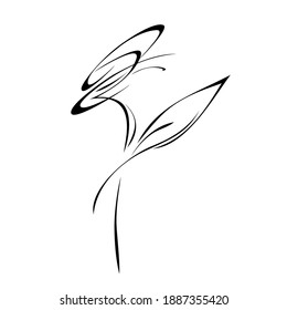 stylized flower on a stem with one leaf in black lines on a white background