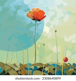 stylized flower painting in summer landscape simple design