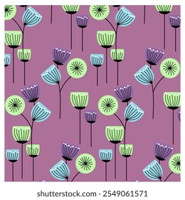 stylized flower pattern in green, turquoise and purple