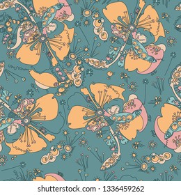 Stylized flower of peas, bluebells, ladybirds, fly and lizard.Seamless pattern