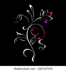 stylized flower with pink petals on the stem with leaves and curls on a black background