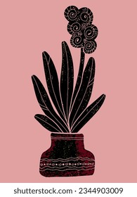 Stylized flower in a pot with textures. Linocut style illustration