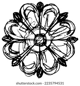 Stylized flower. Rosa gallica. Coptic floral design. Botanical mandala. Hand drawn linear doodle rough sketch. Black silhouette on white background.