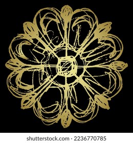 Stylized flower. Rosa gallica. Coptic floral design. Botanical mandala. Hand drawn linear doodle rough sketch. Golden silhouette on black background.