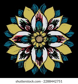 Stylized flower. Round floral geometrical mandala. Medieval Russian folk design. Hand drawn colorful rough sketch. On black background.