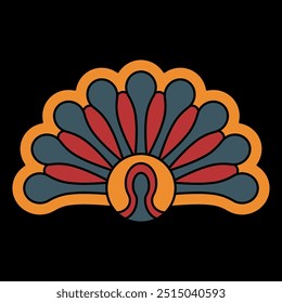 Stylized flower or seashell. Palmette motif to peacock tail. Folk style. Geometrical abstract decorative element. On black background.
