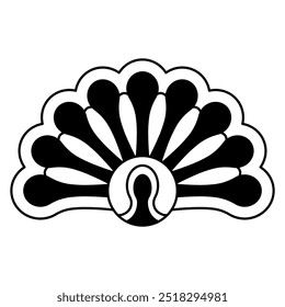 Flor estilizada ou concha. Motivo palmette ou cauda de pavão. Estilo popular. Elemento decorativo abstrato geométrico. Silhueta em preto e branco.