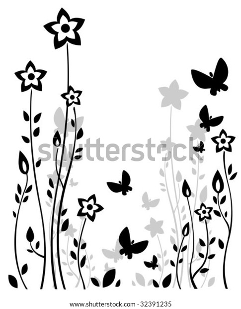 Stylized Flower Silhouettes Butterflies On White Stock Vector (Royalty ...