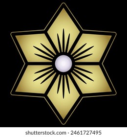 Stylized flower. Six point star shape. Geometrical floral design. Medieval folk style. Black and gold silhouette.