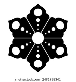 Stylized flower. Six point star. Abstract round geometrical mandala. Medieval European illuminated manuscript decor. Black and white silhouette.