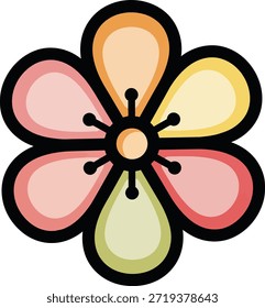Uma flor estilizada com seis pétalas arredondadas em tons pastel de rosa, amarelo, laranja e verde. A ilustração apresenta um contorno preto espesso e um elemento circular central com linhas radiantes.