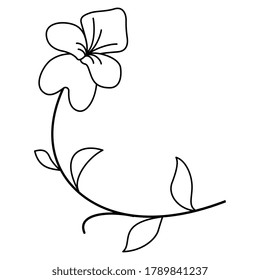 Stylized flower. Small branch of viola tricolor plant. Cute floral motif. Folk style. Black and white linear silhouette.