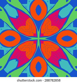 Stylized flower, spots, hole, doodles, spirals, stamens. Hand drawn.