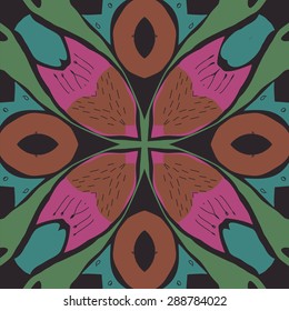 Stylized flower, spots, hole, doodles, spirals, stamens. Hand drawn.
