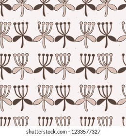 Stylized Flower Stripes Seamless Vector Pattern. Folk Art Floral . Hand Drawn Boho Scandi Style Illustration for Trendy Damask Textile Print, Decorative Garden Packaging. All Over Natural Ecru Brown.