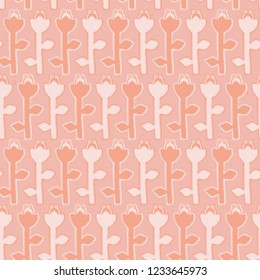 Stylized Flower Stripes Seamless Vector Pattern. Folk Art Floral . Hand Drawn Boho Scandi Style Illustration for Trendy Damask Textile Print, Decorative Garden Packaging. All Over Soft Peach Pink