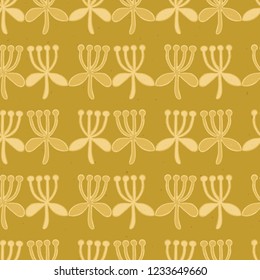 Stylized Flower Stripes Seamless Vector Pattern. Folk Art Floral . Hand Drawn Boho Scandi Style Illustration for Trendy Damask Textile Print, Decorative Garden Packaging. All Over Gold Mustard Yellow