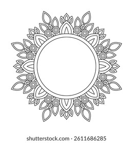 Stylized Flower Swirl Mandala in Black and White Coloring Book Page