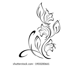 stylized flower with three buds on a curved stem with leaves and curls black lines on a white background