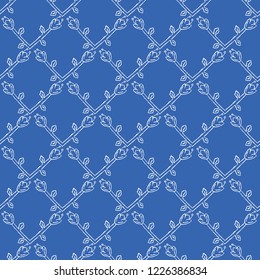 Stylized Flower Trellis Seamless Vector Pattern. Folk Floral Quilt Grid. Hand Drawn Boho Scandi Style Illustration for Trendy Damask Textiles Prints, Decorative Garden Packaging. All Over White Blue