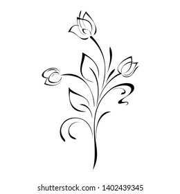 stylized flower twig with three buds, leaves and curls in black lines on white background