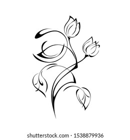 stylized flower with two buds on a curved stem with leaves and curls in black lines on a white background