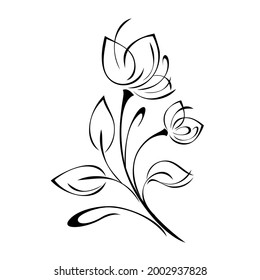 stylized flower with two buds on a stem with leaves and curls in black lines on a white background