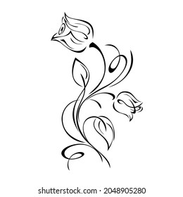 stylized flower with two buds on a curved stem with leaves and curls. graphic decor