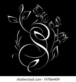 stylized flower in white lines on a black background