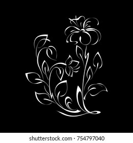 stylized flower in white lines on a black background 