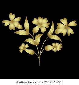 Stylized flower. Wildflower plant branch. Siléne vulgáris. Vintage style. Golden glossy silhouette on black background.