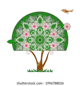 Árbol floreciente estilizado y pájaro sobre fondo blanco. Un colorido elemento decorativo para el diseño de varios productos impresos