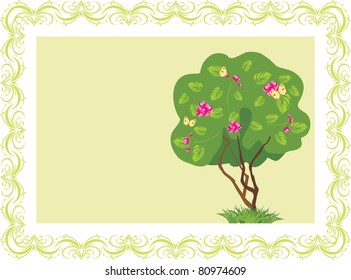 Stylized flowering tree with butterflies in the frame. Vector