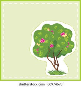 Stylized flowering tree with butterflies in the frame. Card. Vector