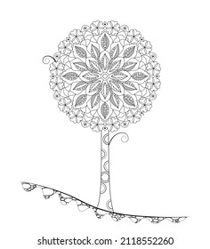 A stylized flowering tree with a doodle pattern on a white background. Page of coloring books for children and adults. Drawing for art therapy