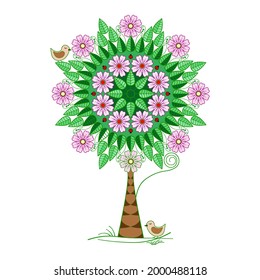 Un estilizado árbol florido con una imagen de garabatos y pájaros sobre un fondo blanco. Elemento aislado decorativo para el diseño
