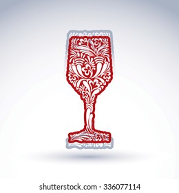Stylized flower-patterned goblet isolated on white backdrop, alcohol drink theme vector illustration. Elegant decorative wineglass with shadow, romantic design element. 